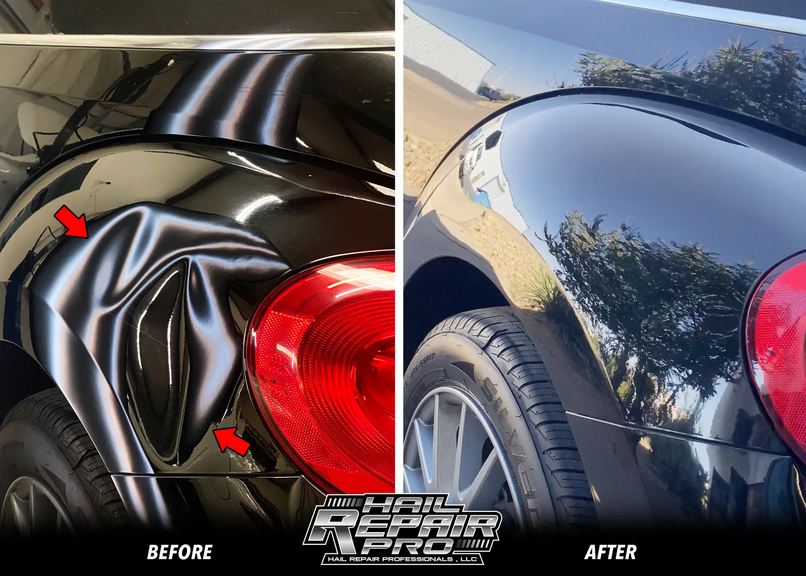 Lubbock TX paintless dent repair before and after on a black VW Beetle quarter panel