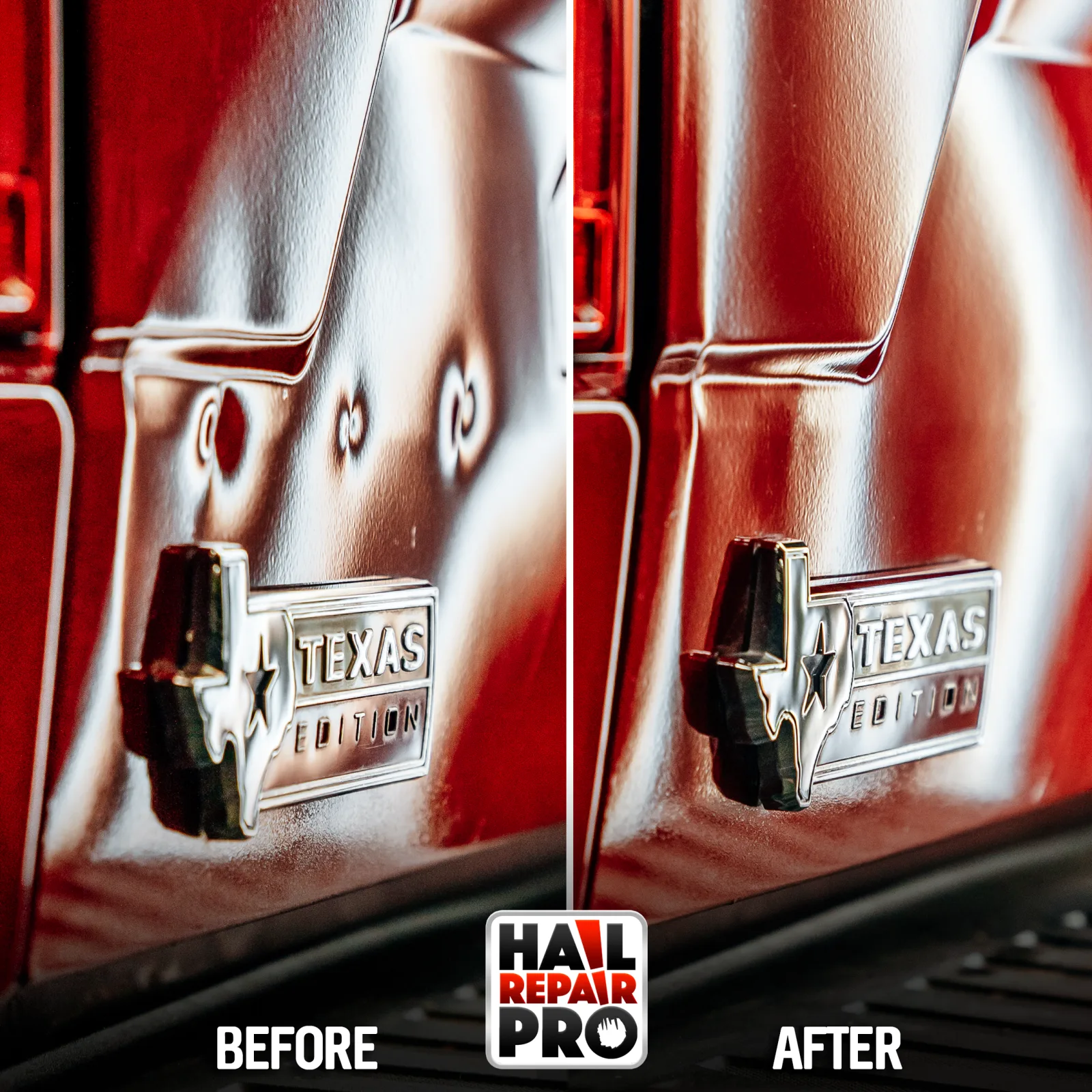 Truck tailgate dent repair before and after — Lubbock, TX PDR