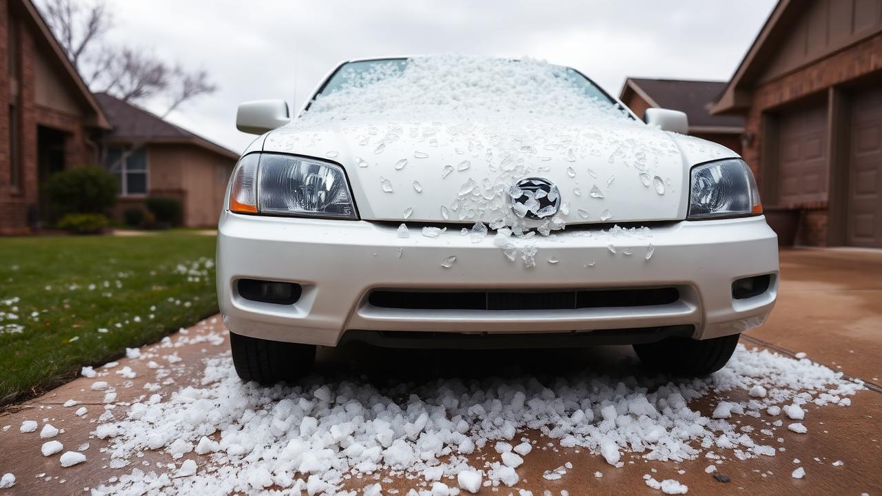 SUV hood with fresh hail damage after a 2026 South Plains storm in Lubbock TX