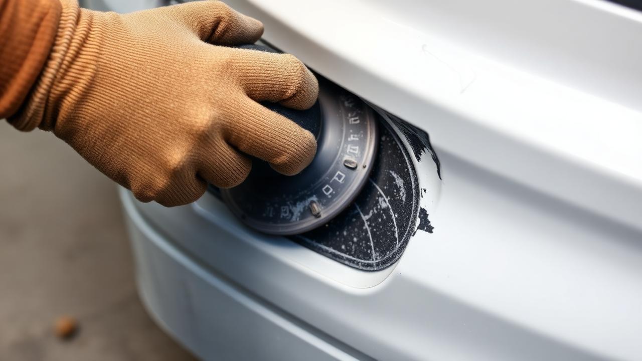 Body technician sanding a damaged plastic bumper cover in a Lubbock TX paint shop
