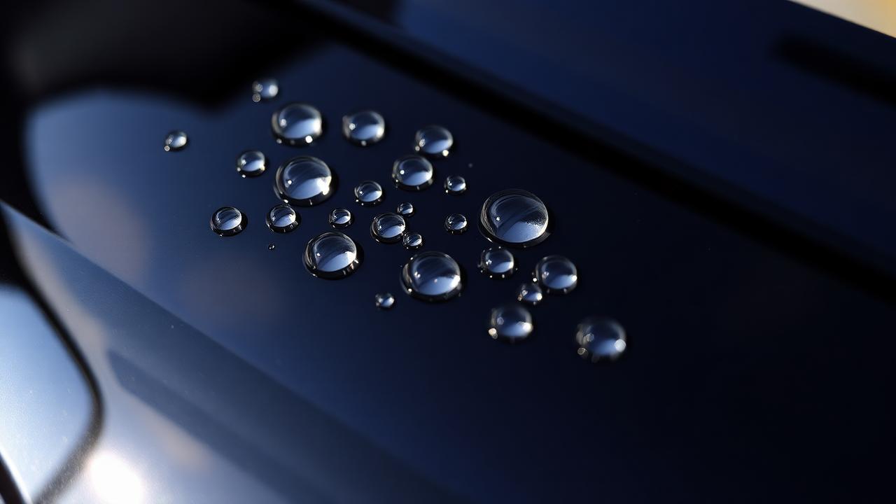 Black auto panel beading water after ceramic coating application in Lubbock TX