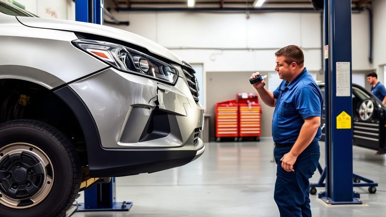 Lubbock TX collision repair bay with a damaged front bumper on a vehicle