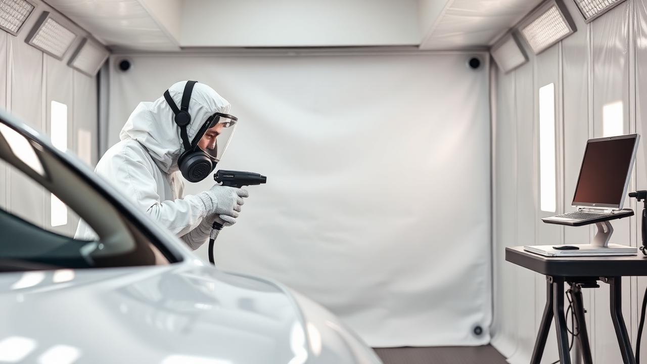 Technician color matching with a spectrophotometer in a Lubbock TX downdraft paint booth