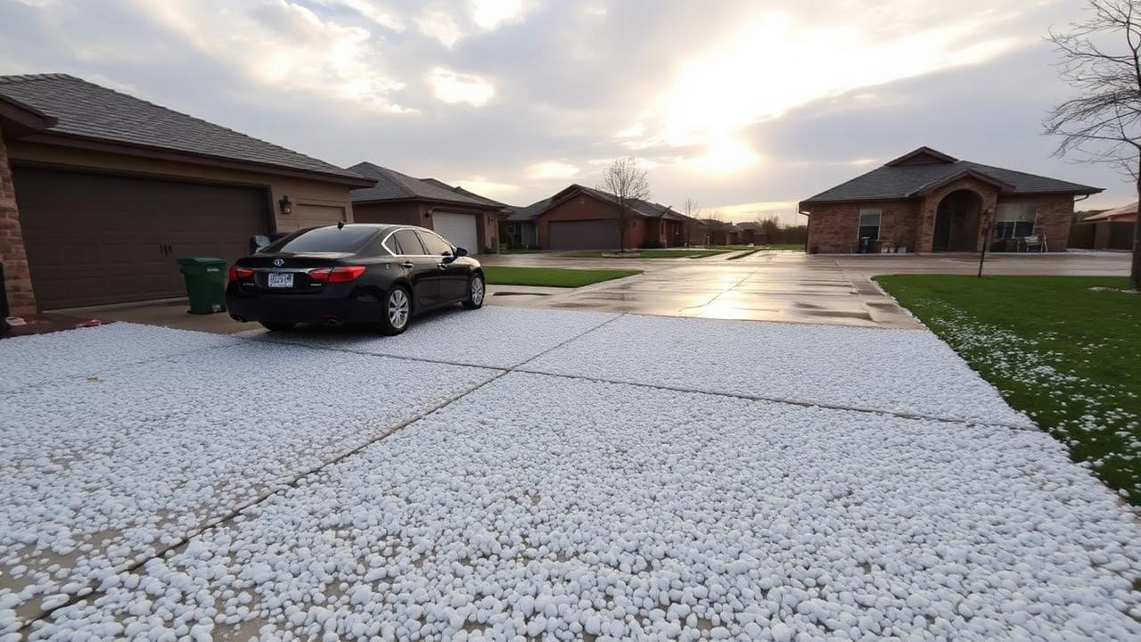 Hail-stoned Lubbock TX driveway with a sedan after a South Plains storm