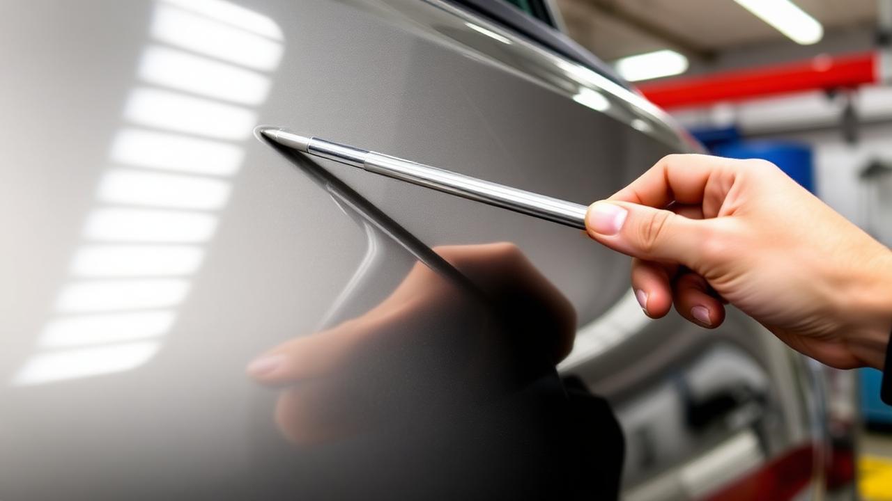 Paintless dent repair rod and reflection light over a hail dent in a Lubbock TX shop