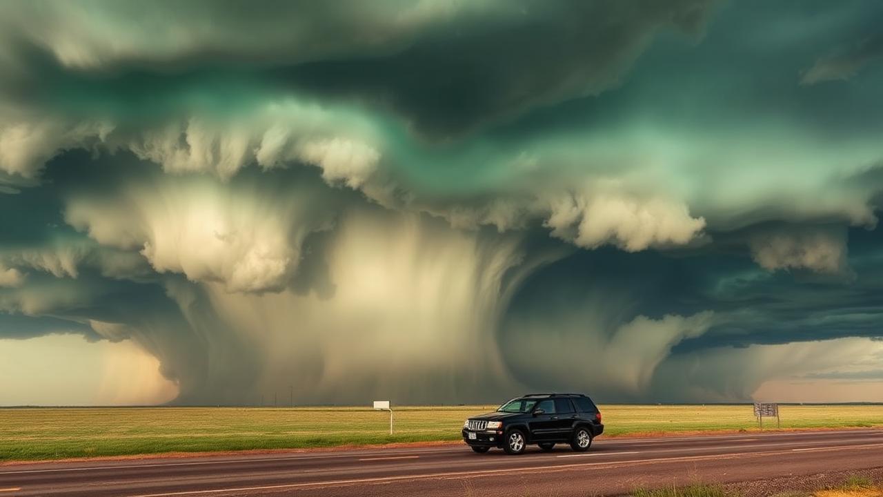 Supercell thunderstorm dropping hail over an SUV on the South Plains of West Texas