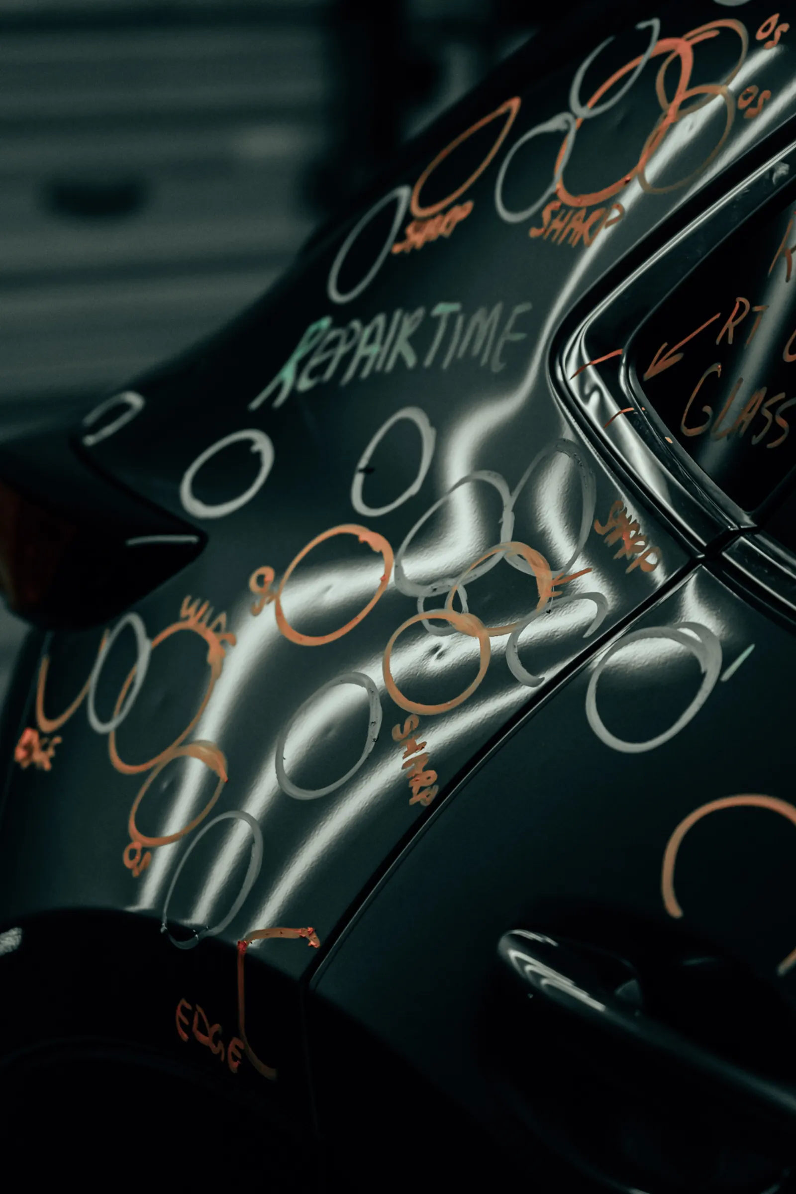 Hail damage repair quarter panel mapping with repair time markings — Lubbock, TX PDR shop