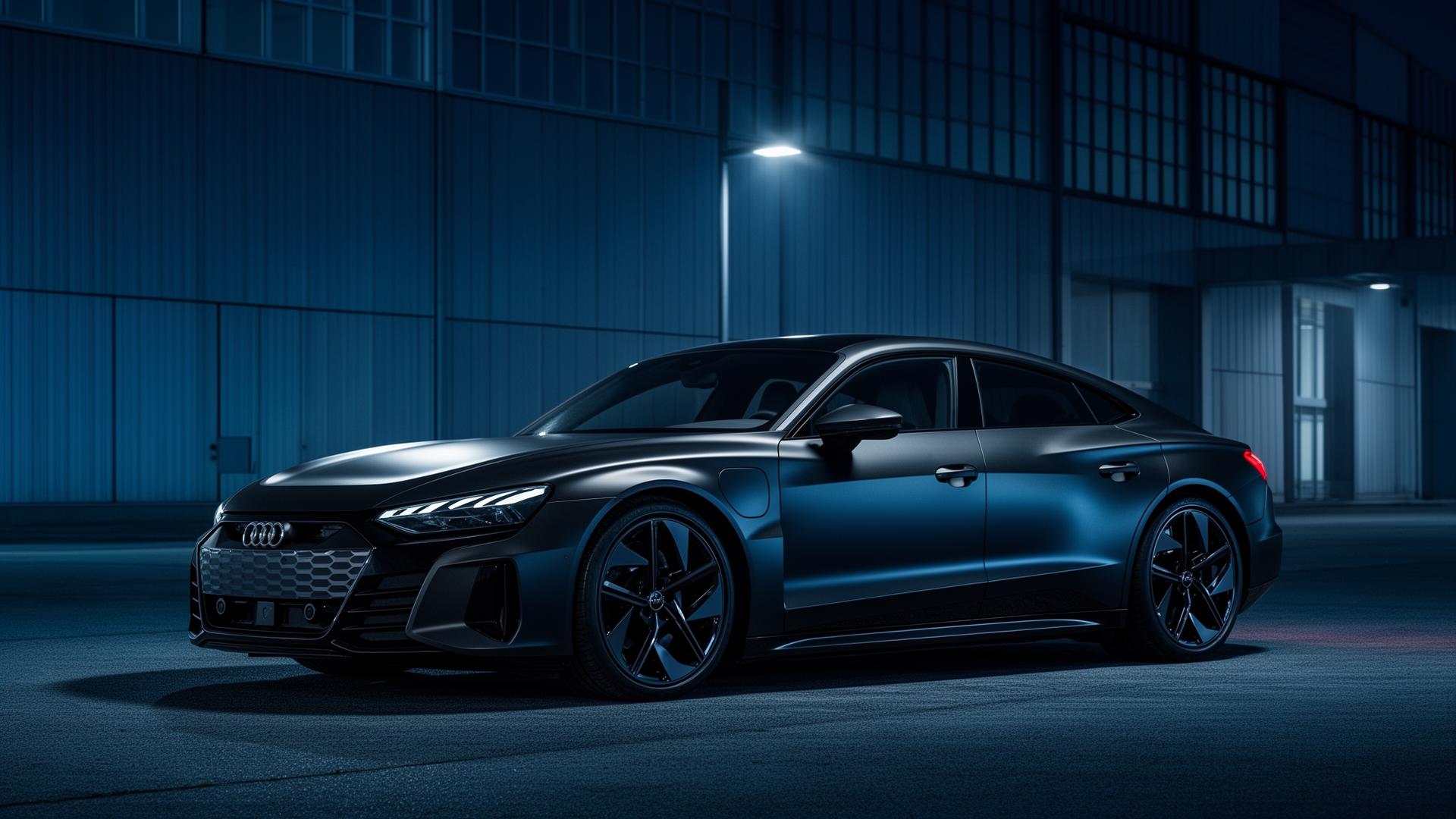 Matte black Audi RS e-tron GT under cool lighting