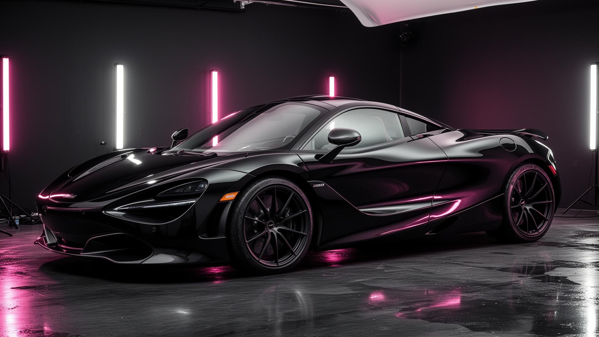Glossy black McLaren 720S under studio lighting