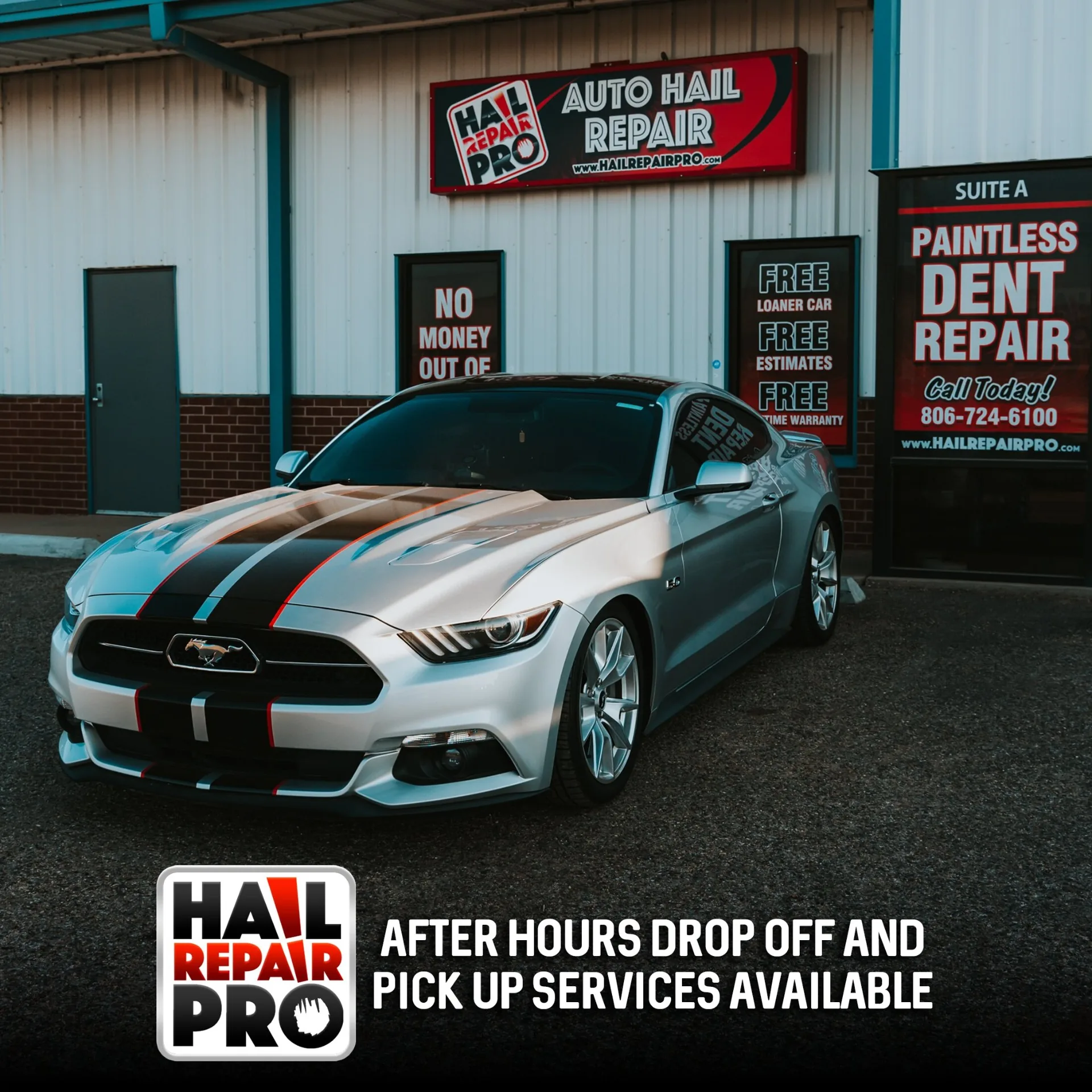 Silver Ford Mustang parked outside Hail Repair Pro Lubbock TX shop on 43rd St — Auto Hail Repair and Paintless Dent Repair with free loaner cars, free estimates, and lifetime warranty; after-hours drop off and pick up services available