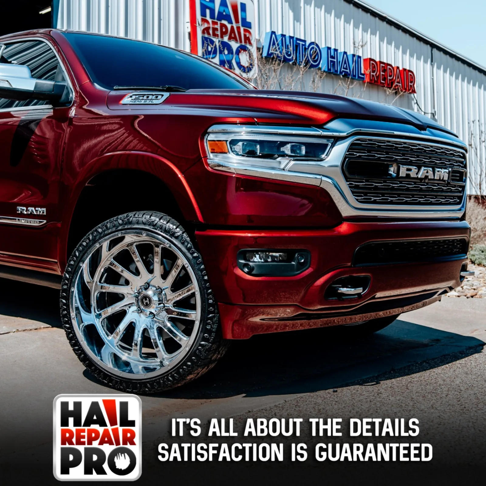 Red Ram 1500 Limited finished after paintless dent repair at Hail Repair Pro Lubbock, TX — flawless factory paint, satisfaction guaranteed